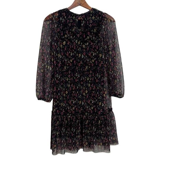 Zara Floral Pleated Sheer Sleeve Keyhole Back Tiered Mini Dress Black Size 11-12 - Picture 8 of 8